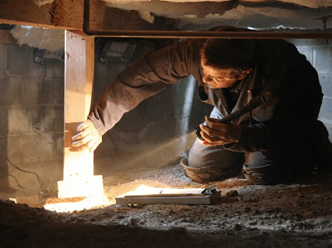 A professional inspecting wooden beams under the floor of a structure in Houston, TX