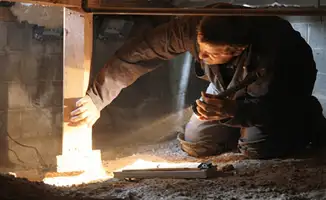 A professional inspecting wooden beams under the floor of a structure in Houston, TX